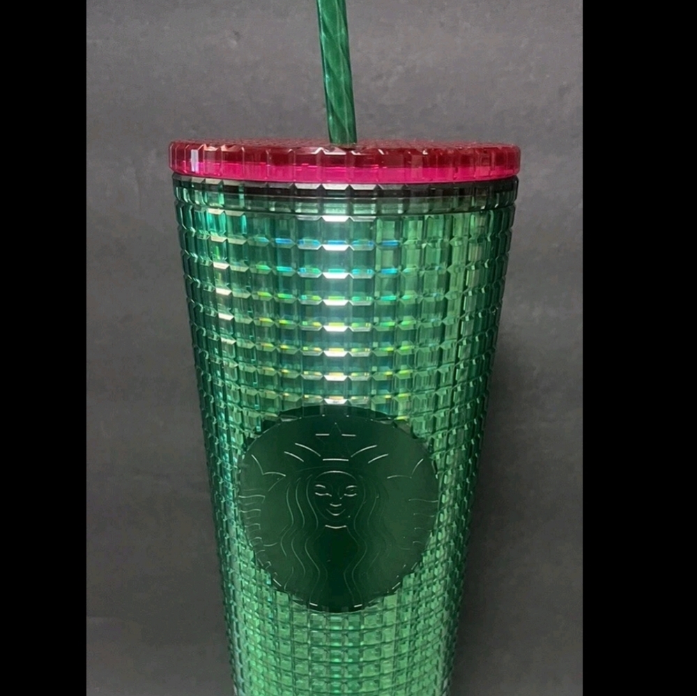 Starbucks 24oz Cold Cup Green Watermelon Grid Spring 2023, Pink Lid, Collectible